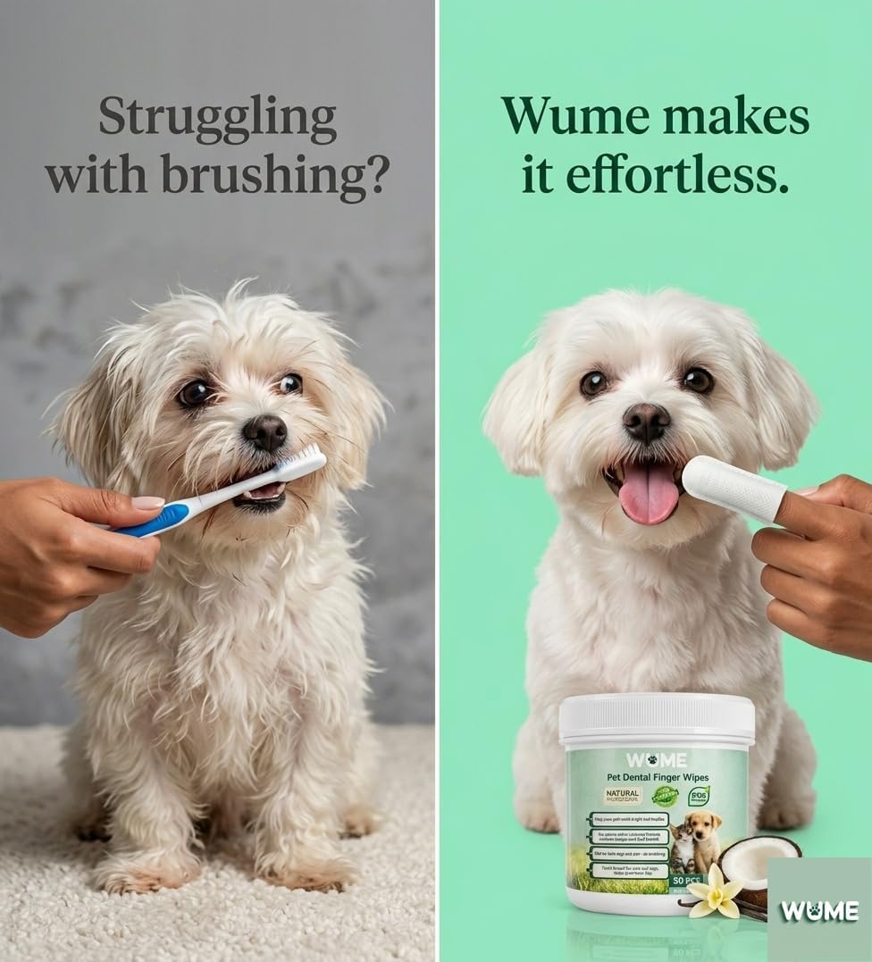 WUME Pet Dental Finger Wipes for Dogs & Cats Vet-Inspired Teeth Cleaning Wipes