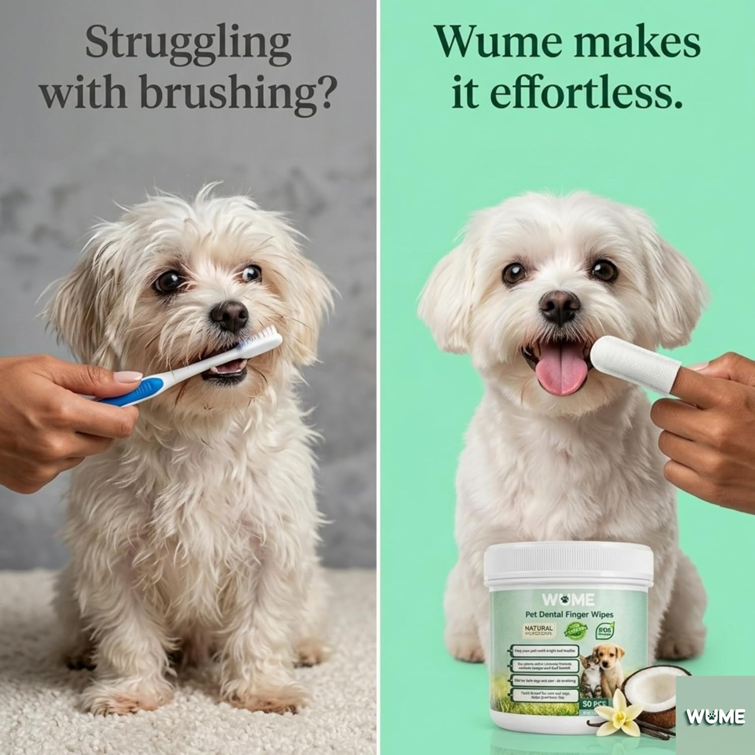 WUME Coconut Vanilla Fresh Pet Dental Finger Wipes for Dogs & Cats