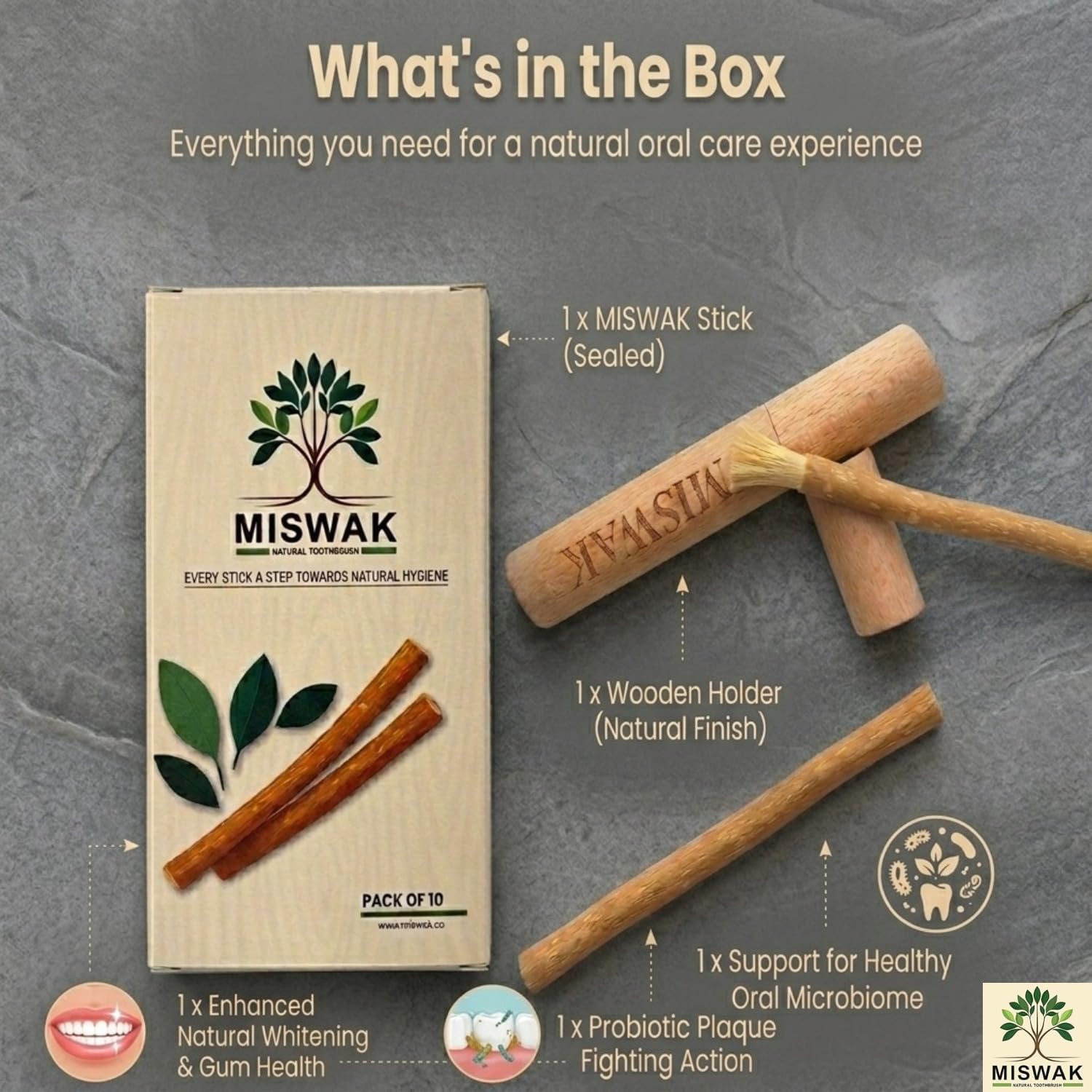 Miswak Sticks - Pack of 10 Natural Toothbrush Sticks with Wooden Holder