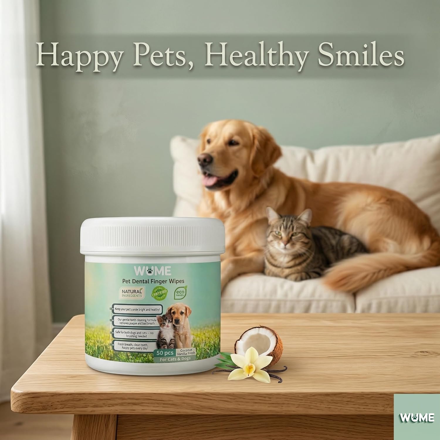 WUME Coconut Vanilla Fresh Pet Dental Finger Wipes for Dogs & Cats