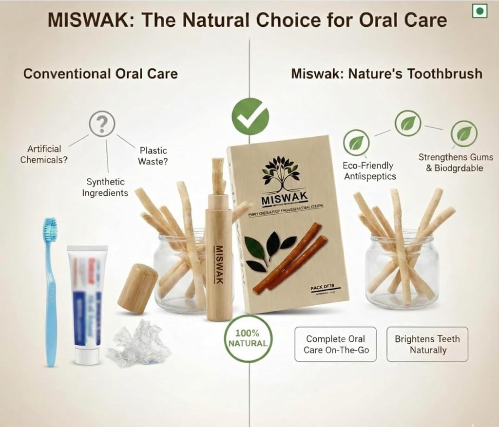 Miswak Sticks - Pack of 10 Natural Toothbrush Sticks with Wooden Holder
