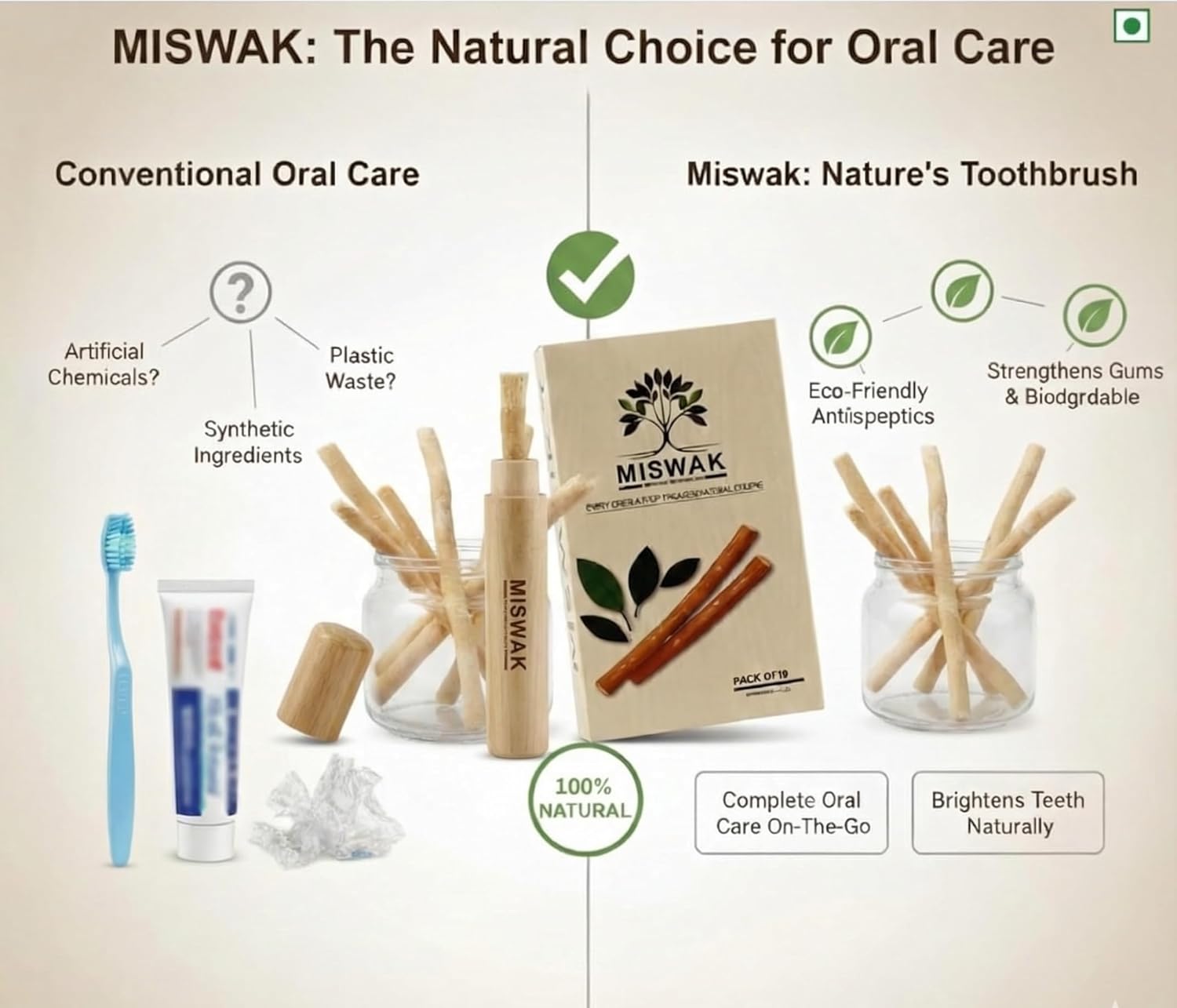 Miswak Sticks - Pack of 10 Natural Toothbrush Sticks with Wooden Holder