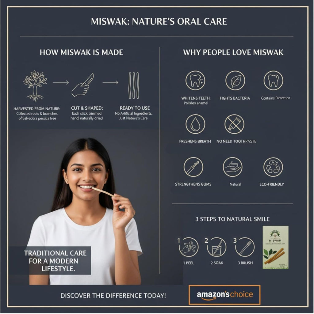 Miswak Sticks - Pack of 10 Natural Toothbrush Sticks with Wooden Holder