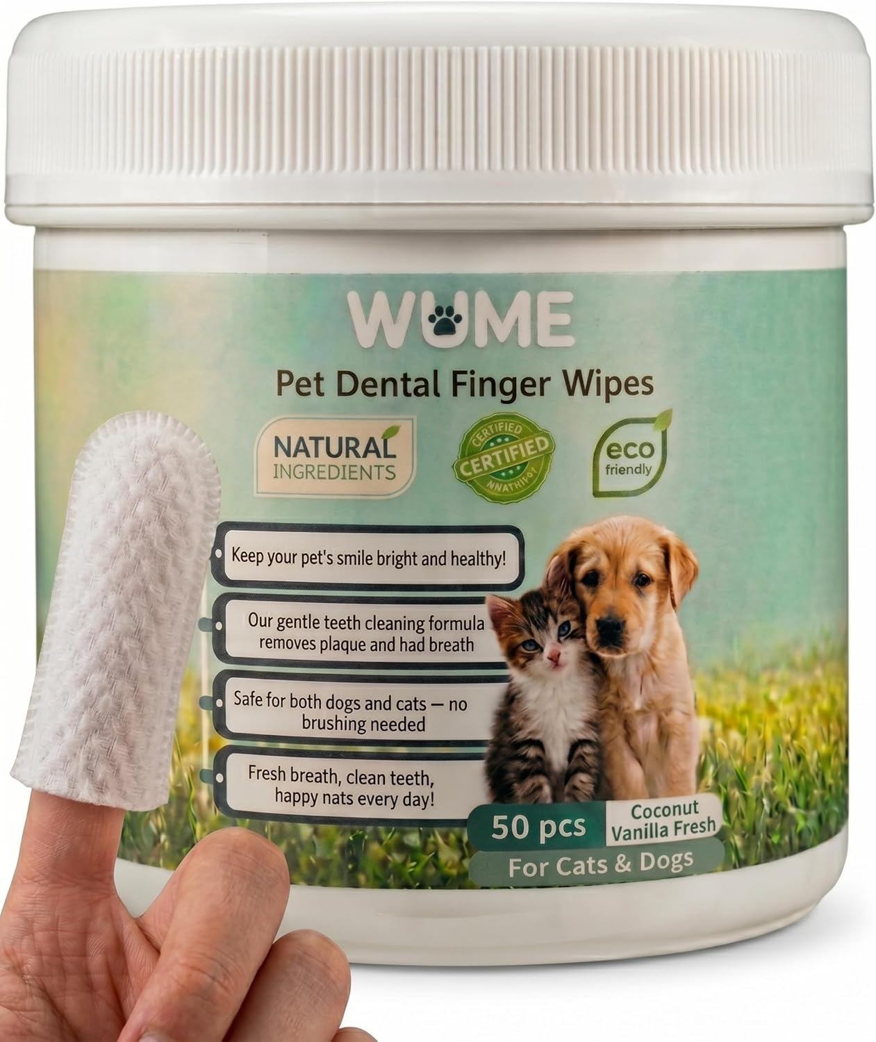 WUME Coconut Vanilla Fresh Pet Dental Finger Wipes for Dogs & Cats