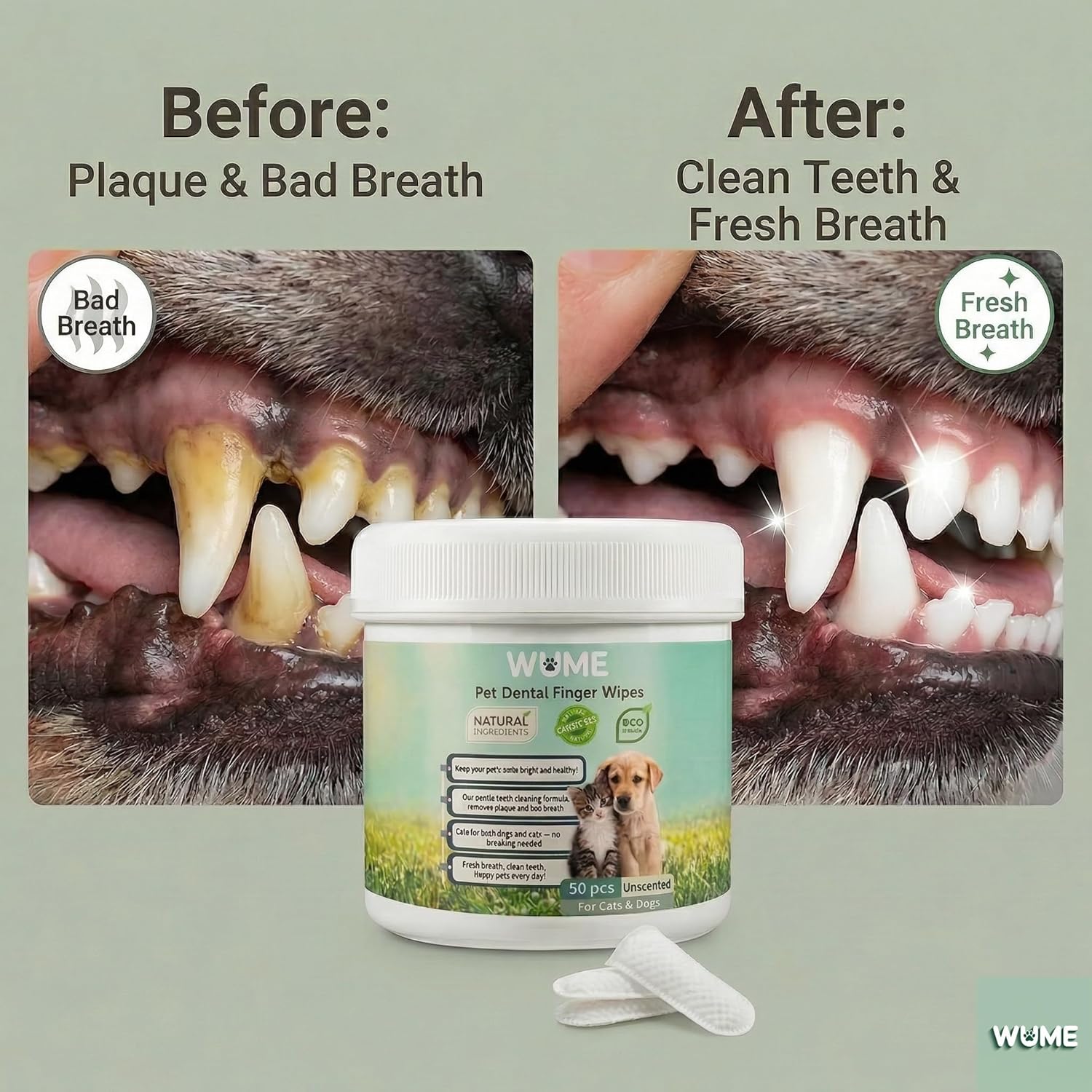 WUME Pet Dental Finger Wipes for Dogs & Cats Vet-Inspired Teeth Cleaning Wipes