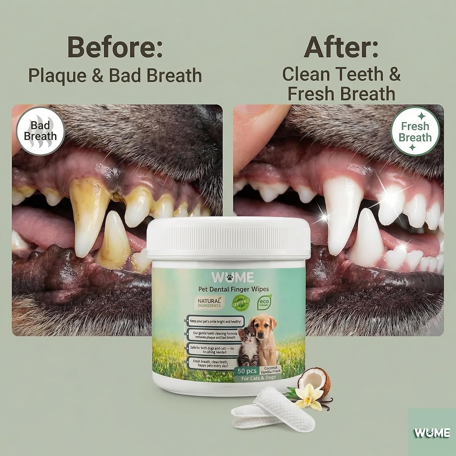 WUME Coconut Vanilla Fresh Pet Dental Finger Wipes for Dogs & Cats
