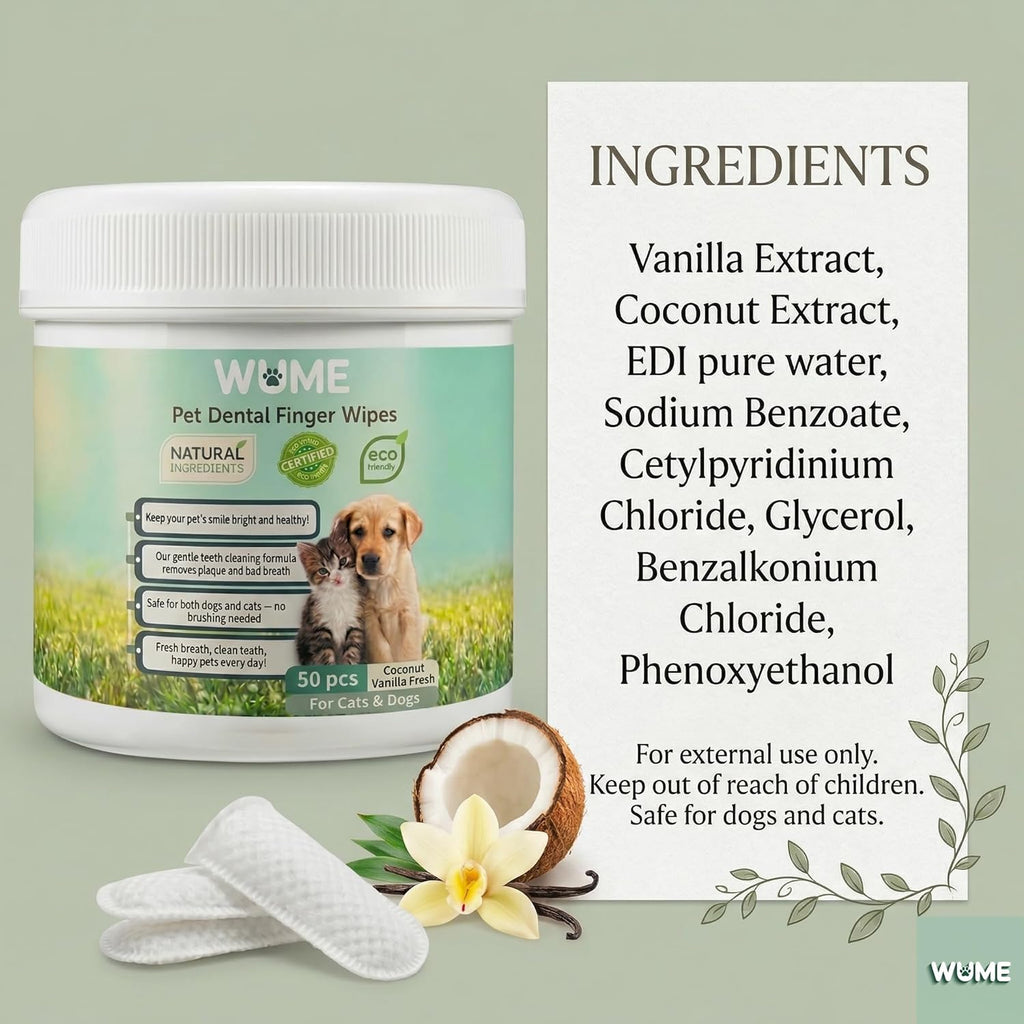 WUME Coconut Vanilla Fresh Pet Dental Finger Wipes for Dogs & Cats