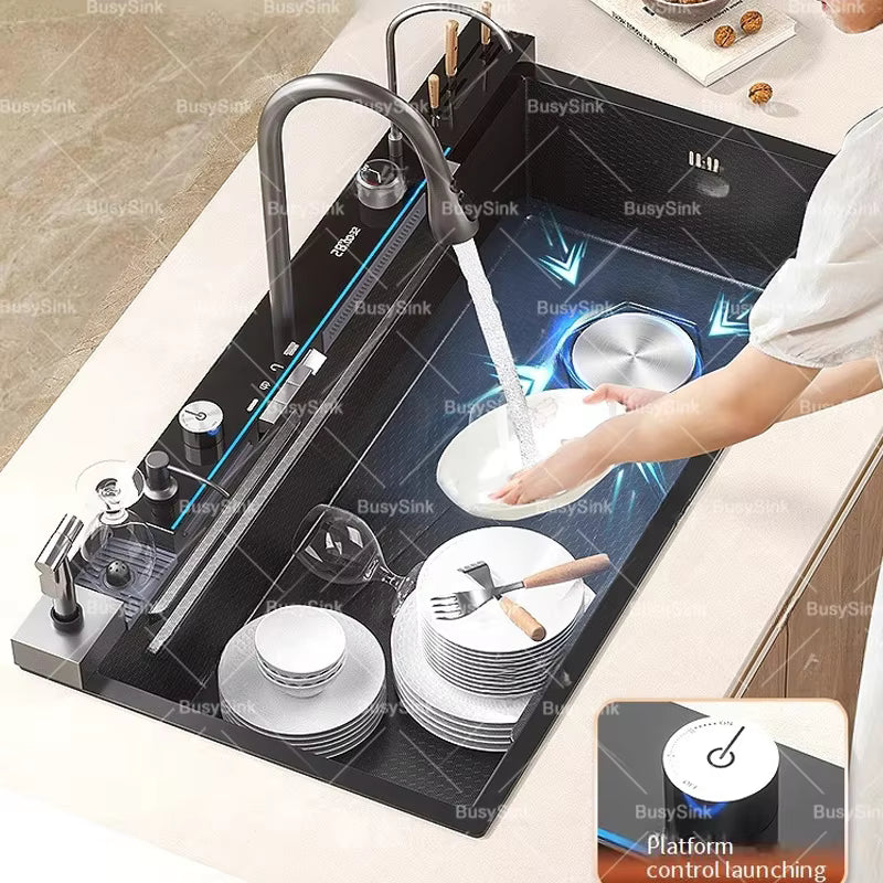 Stainless Steel Waterfall Kitchen Sink Digital Display