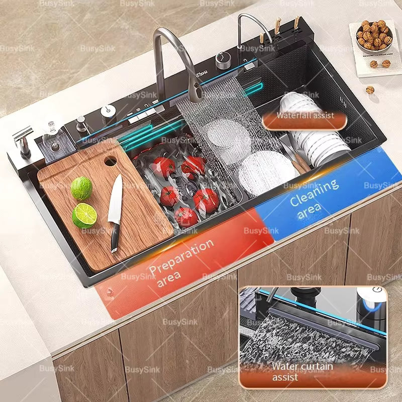 Stainless Steel Waterfall Kitchen Sink Digital Display