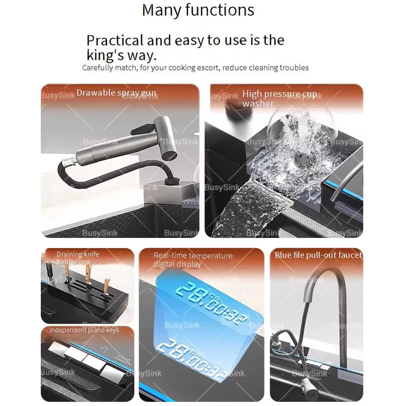 Stainless Steel Waterfall Kitchen Sink Digital Display