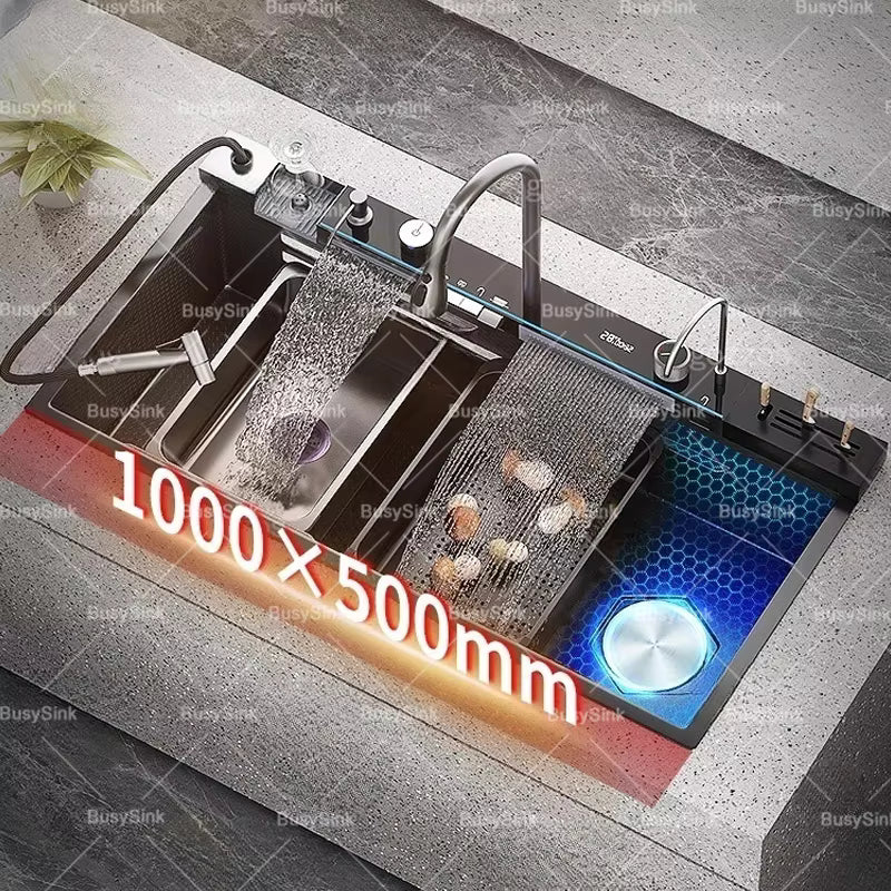 Stainless Steel Waterfall Kitchen Sink Digital Display
